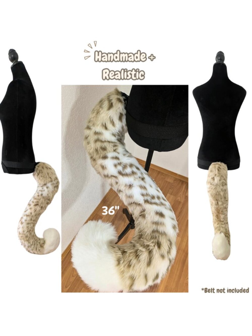 Handmade Spotted White Furry Leopard Therian Faux Fur Tail 36” Cosplay Costume